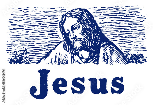 Portrait of Jesus Christ savior of the world in a vintage woodcut style illustration with typography