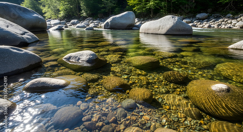 A serene river landscape with large rocks and clear water