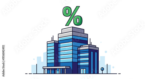 Flat vector illustration of modern office building with percentage symbol above, property tax and corporate rate concept for real estate investment, financial growth, banking and business economy