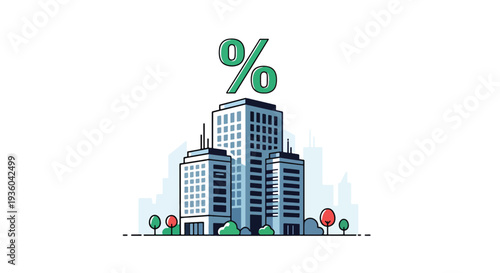 Flat vector illustration of modern office building with percentage symbol above, property tax and corporate rate concept for real estate investment, financial growth, banking and business economy