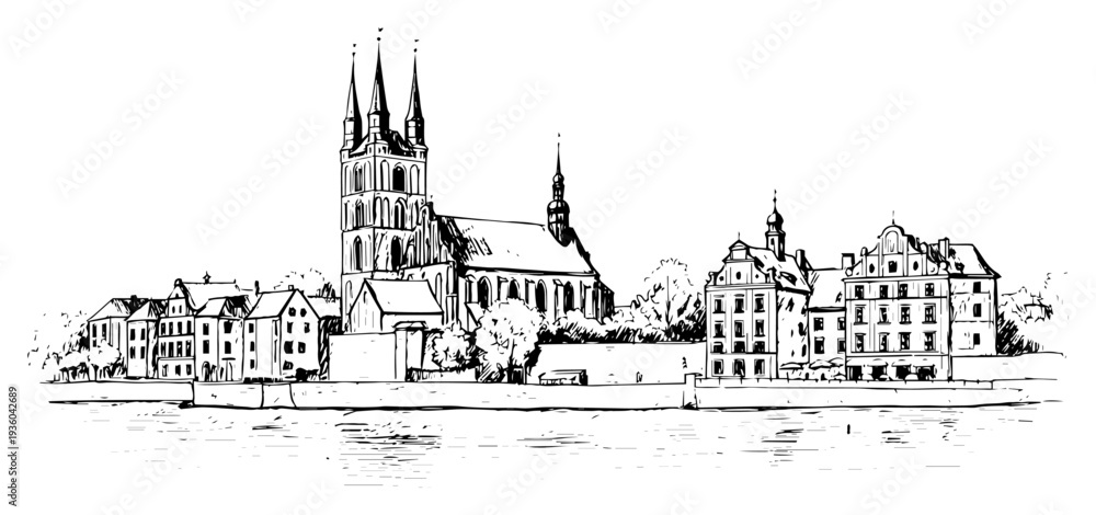 Obraz premium Old town city skyline with cathedral, historic European architecture sketch, riverside urban view illustration