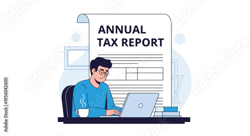 Modern vector illustration of freelancer preparing annual tax report at home office desk with laptop and receipt stack. Independent worker financial compliance concept