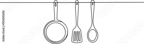 A continuous one line of Pans, spatula, and soup spoon hanging on a line, one line art icon drawing vector