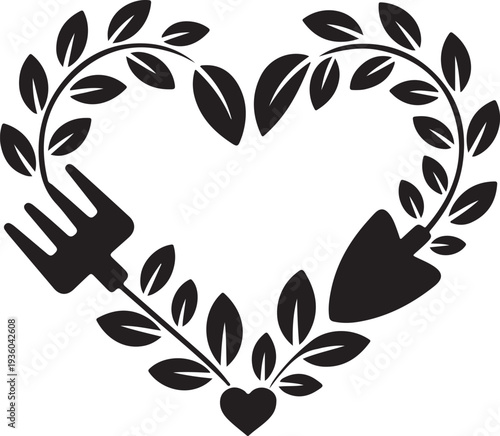 Gardening Heart Wreath Icon – Nature Love Silhouette Vector