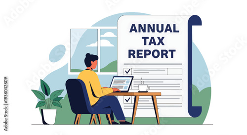 Modern vector illustration of freelancer preparing annual tax report at home office desk with laptop and receipt stack. Independent worker financial compliance concept