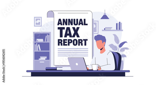 Modern vector illustration of freelancer preparing annual tax report at home office desk with laptop and receipt stack. Independent worker financial compliance concept