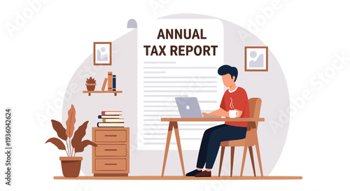 Modern vector illustration of freelancer preparing annual tax report at home office desk with laptop and receipt stack. Independent worker financial compliance concept