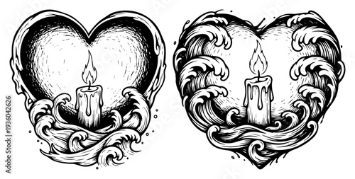 Heart and candle sketch with ocean waves illustration, vintage tattoo style drawing of romantic symbol with burning candle and water ripples