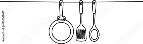 A continuous one line of Pans, spatula, and soup spoon hanging on a line, one line art icon drawing vector