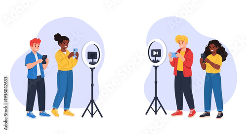 Flat vibrant illustration of Gen Z people creating social media content with smartphones and ring lights in a modern trend setting