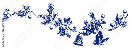 Christmas pine branch garland border with bells in vintage woodcut engraving style