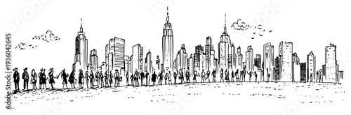 New York city skyline sketch with crowd of people walking, hand-drawn urban cityscape with skyscrapers, panoramic architectural view