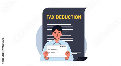 Modern vector illustration of employee reviewing paycheck with visible tax deductions. Payroll taxation and income breakdown concept in workplace setting