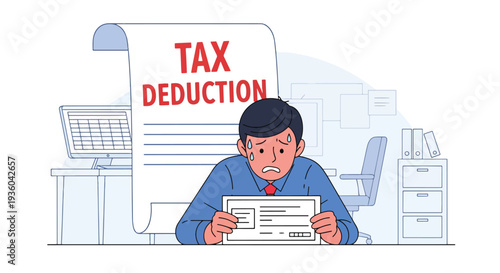 Modern vector illustration of employee reviewing paycheck with visible tax deductions. Payroll taxation and income breakdown concept in workplace setting