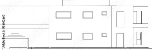 Technical architectural elevation drawing showing modern building facade with varied rectangular windows, geometric composition and minimalist design in black and white line art.