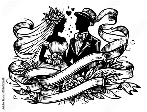Wedding couple with ribbon and roses, hand-drawn sketch illustration of bride and groom in vintage style, romantic love concept