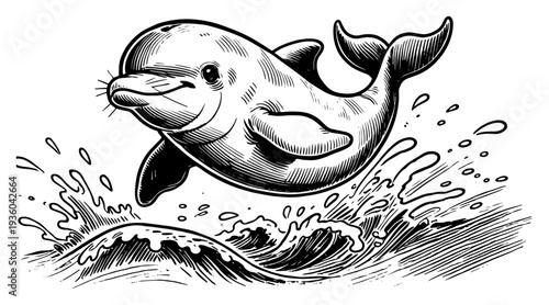 Jumping dolphin in ocean waves, hand-drawn sketch of marine animal in vintage engraving style, splash effect
