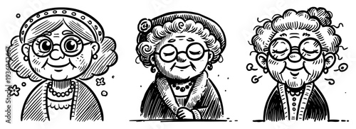 Set of funny elderly women portraits, cute grandmother characters in hand-drawn doodle sketch style, diverse faces