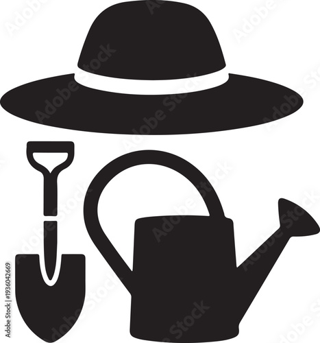 Gardening Hat Shovel Watering Can Icons – Garden Tools Silhouette Vector