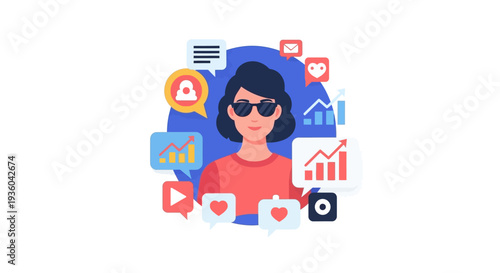 A young woman surrounded by vibrant social media icons and graphs in a flat, colorful illustration style with a modern trend