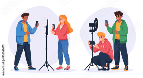 Flat vibrant illustration of a Gen Z team creating social media content with smartphones and tripods in a modern setting