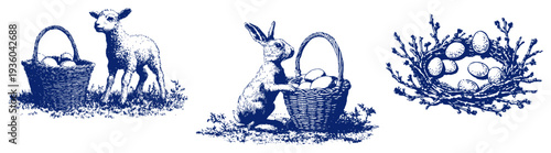 Vintage woodcut illustration set featuring easter lamb rabbit and eggs in baskets and nest