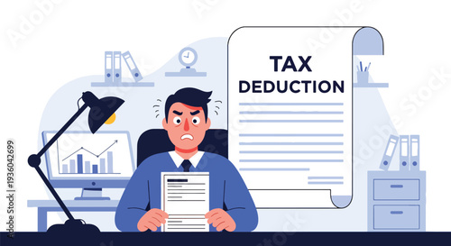 Modern vector illustration of employee reviewing paycheck with visible tax deductions. Payroll taxation and income breakdown concept in workplace setting