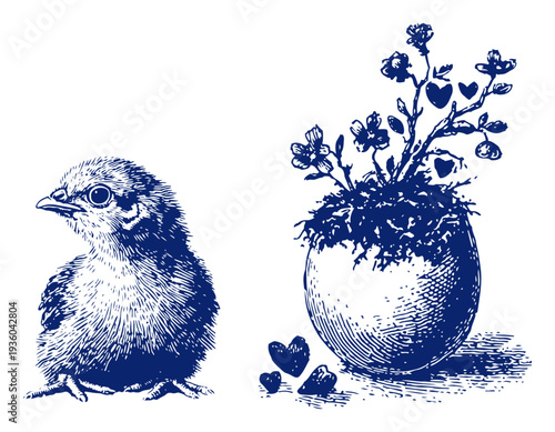 Cute baby chick standing next to an eggshell flower pot in vintage sketch style