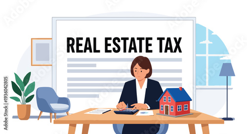 Modern vector illustration of homeowner calculating property tax with house icon and financial documents. Real estate taxation and budgeting concept