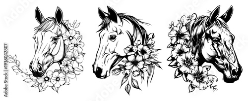 Horse heads with floral arrangement, hand-drawn sketch set, elegant equine and flower composition in vintage style