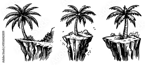 Palm trees on cliff edges set, hand-drawn sketch of tropical island landscape, exotic cliffside illustration
