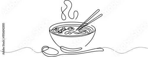 Ramen noodles bowl with spoon and chopsticks, continuous one line art, one line art icon drawing vector