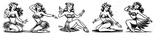 Hula girl set, collection of Hawaiian dancers, hand-drawn ink sketches of women in grass skirts, exotic dance