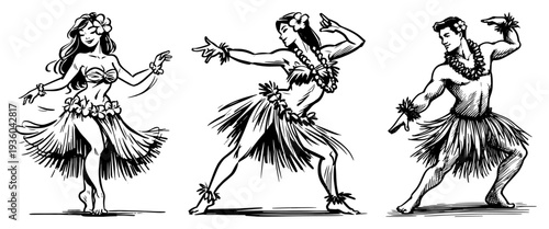 Hula dancers set, Hawaiian men and women performing traditional dance, hand-drawn ink illustration