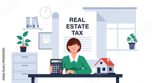 Modern vector illustration of homeowner calculating property tax with house icon and financial documents. Real estate taxation and budgeting concept