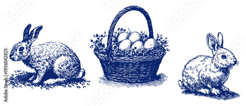 Pair of rabbits with a traditional wicker basket full of easter eggs in engraving style