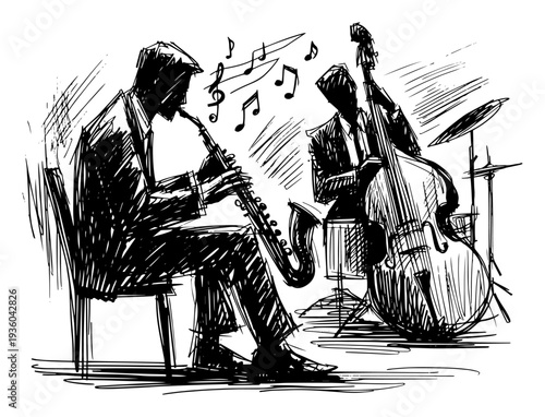 Jazz band performance, musicians playing saxophone and double bass, music concept sketch in expressive ink style
