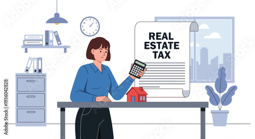 Modern vector illustration of homeowner calculating property tax with house icon and financial documents. Real estate taxation and budgeting concept