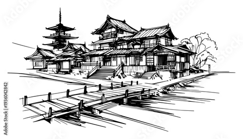 Traditional Japanese temple and pagoda sketch, wooden architecture with bridge, peaceful oriental landscape illustration