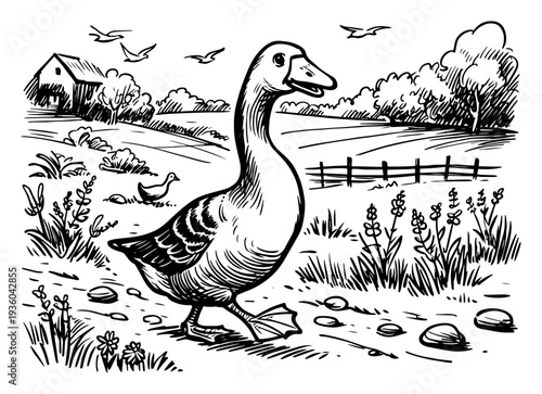 Goose in a meadow sketch, hand-drawn rural animal illustration, peaceful countryside landscape with bird