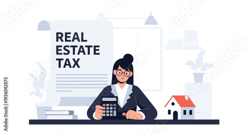 Modern vector illustration of homeowner calculating property tax with house icon and financial documents. Real estate taxation and budgeting concept