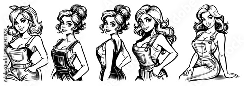 Pin-up girl poses set, beautiful young woman in denim overalls collection, hand-drawn ink sketches