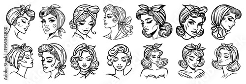 Pin-up girl portraits set, vintage style female faces collection with retro hairstyles and bandanas, beauty sketches