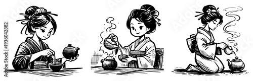 Japanese woman tea ceremony, traditional kimono tea ritual sketch, hand-drawn ink illustration of geisha