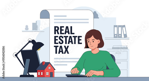 Modern vector illustration of homeowner calculating property tax with house icon and financial documents. Real estate taxation and budgeting concept