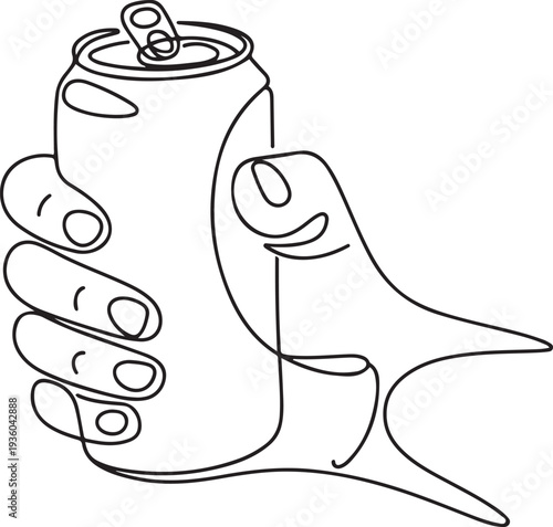 Continuous one line hand drawn of hand holding sparkling water can. Man hand holding aluminum soda can, Soft drink can opening, one line art icon drawing vector
