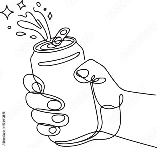 Continuous one line hand drawn of hand holding sparkling water can. Man hand holding aluminum soda can, Soft drink can opening, one line art icon drawing vector