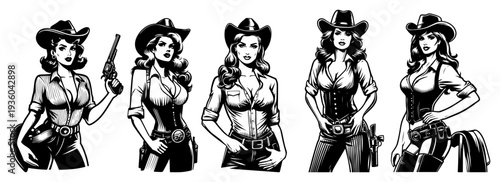 Cowgirl character set, wild west western woman portrait collection, vintage pin-up style sketches