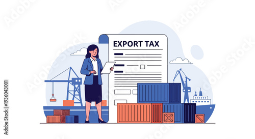 Modern vector illustration of customs officer reviewing import export tax documents near cargo containers. International trade compliance concept