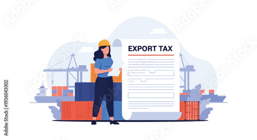 Modern vector illustration of customs officer reviewing import export tax documents near cargo containers. International trade compliance concept